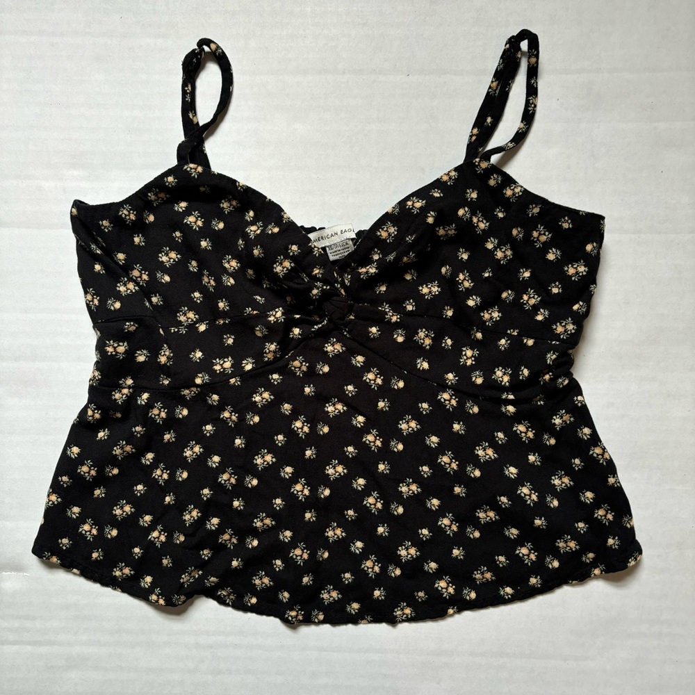 American Eagle XS Black Floral Babydoll Top w/ Adjustable Straps